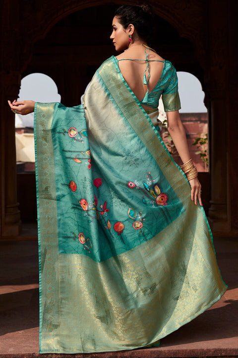 VastraLakshmi Enchanting Firozi Digital Printed Soft Silk Saree With Rhapsody Blouse Piece