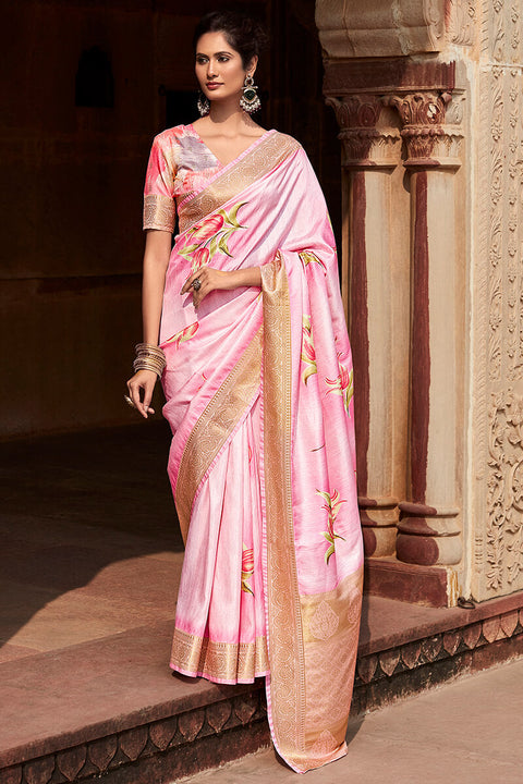 VastraLakshmi Proficient Baby Pink Digital Printed Soft Silk Saree With Scintillating Blouse Piece