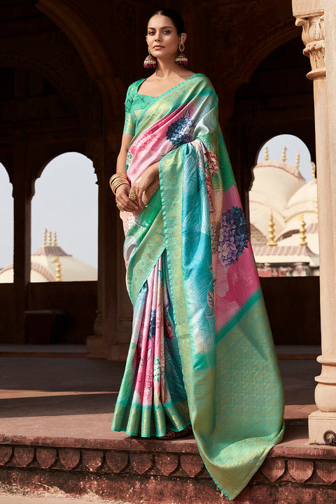 VastraLakshmi Engaging Sea Green Digital Printed Soft Silk Saree With Exquisite Blouse Piece