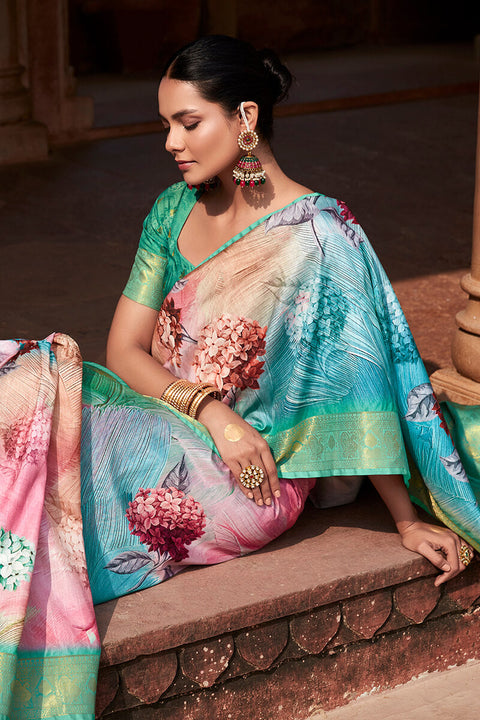 VastraLakshmi Engaging Sea Green Digital Printed Soft Silk Saree With Exquisite Blouse Piece