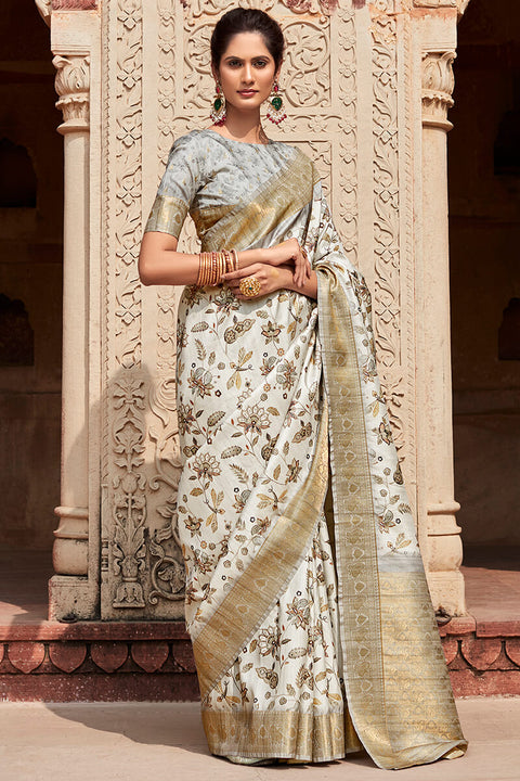 VastraLakshmi Efflorescence Off White Digital Printed Soft Silk Saree With Luminous Blouse Piece