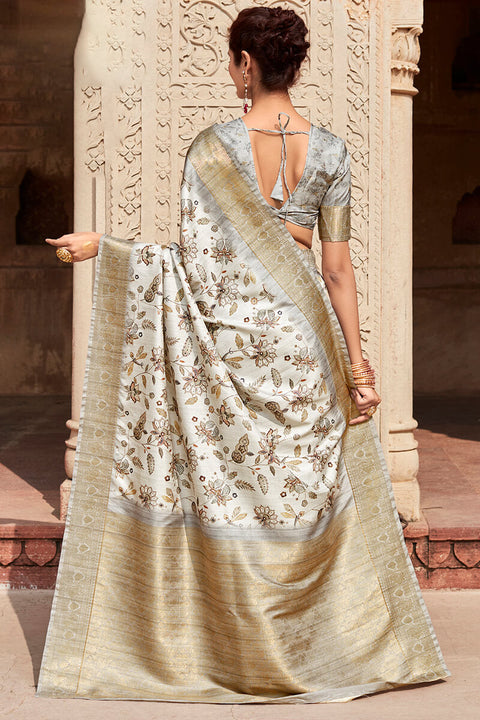 VastraLakshmi Efflorescence Off White Digital Printed Soft Silk Saree With Luminous Blouse Piece