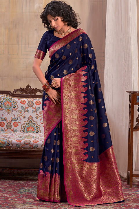 VastraLakshmi Ethereal Navy Blue Soft Banarasi Silk Saree With Eclat Blouse Piece