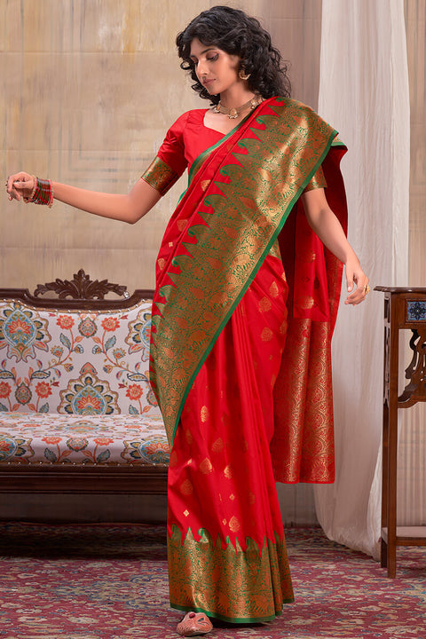 VastraLakshmi Resonant Red Soft Banarasi Silk Saree With Winsome Blouse Piece