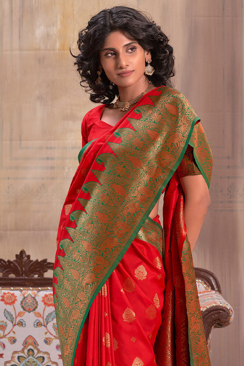 VastraLakshmi Resonant Red Soft Banarasi Silk Saree With Winsome Blouse Piece