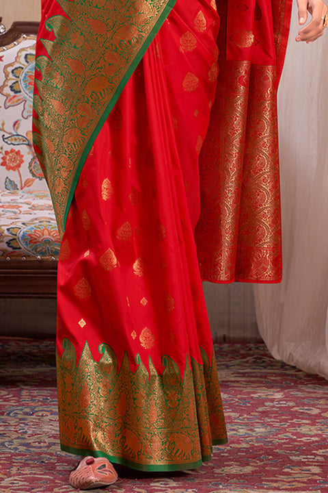 VastraLakshmi Resonant Red Soft Banarasi Silk Saree With Winsome Blouse Piece