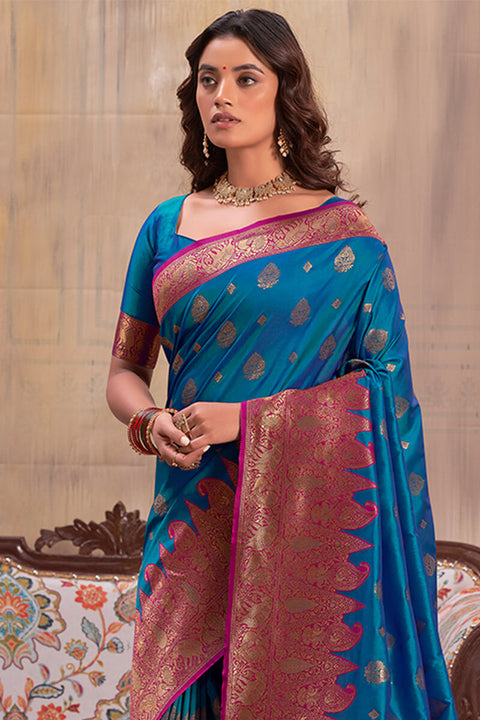 VastraLakshmi Splendorous Blue Soft Banarasi Silk Saree With Incredible Blouse Piece