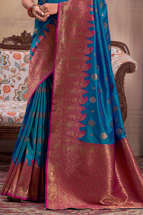 VastraLakshmi Splendorous Blue Soft Banarasi Silk Saree With Incredible Blouse Piece