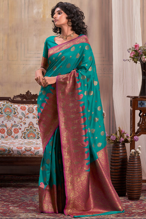 VastraLakshmi Ratatouille Rama Soft Banarasi Silk Saree With Staggering Blouse Piece