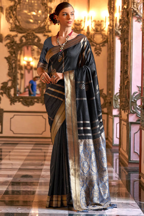 VastraLakshmi Twirling Black Soft Banarasi Silk Saree With Radiant Blouse Piece