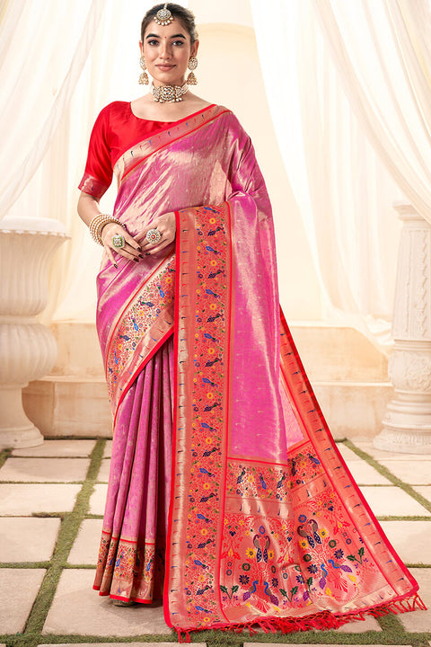 VastraLakshmi Excellent Pink Paithani Silk Saree With Bucolic Blouse Piece