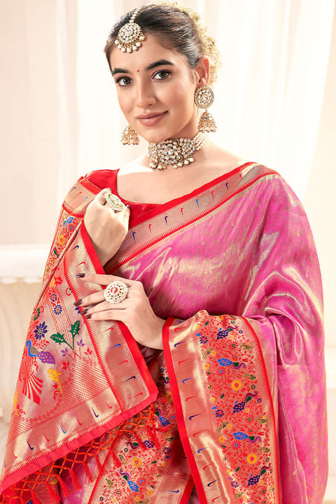 VastraLakshmi Excellent Pink Paithani Silk Saree With Bucolic Blouse Piece