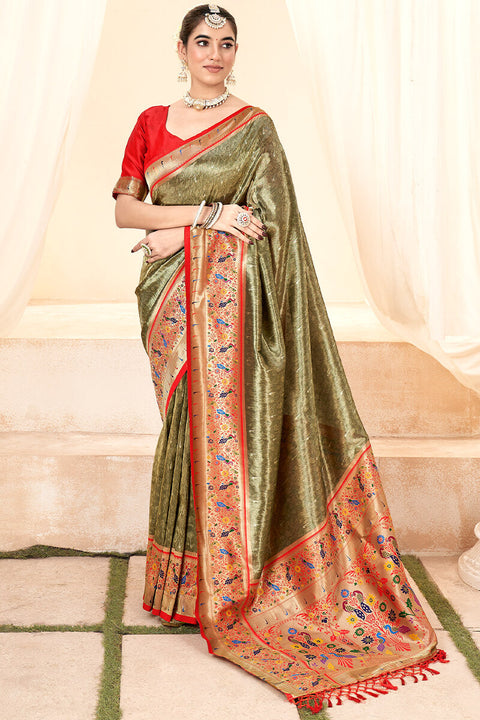 VastraLakshmi Diaphanous Mehndi Paithani Silk Saree With Elision Blouse Piece