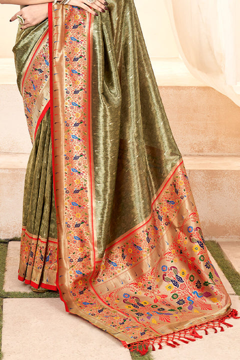 VastraLakshmi Diaphanous Mehndi Paithani Silk Saree With Elision Blouse Piece