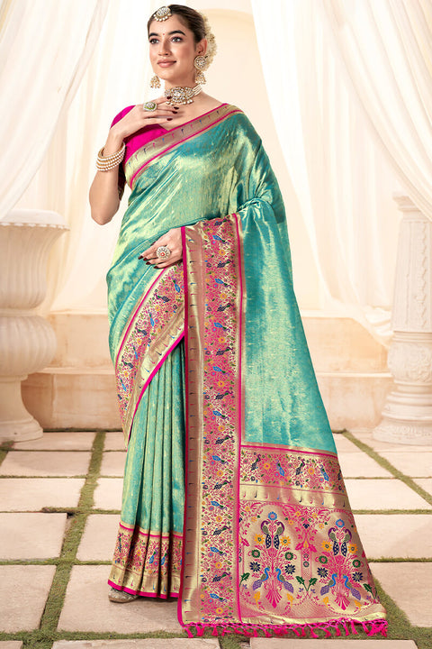 VastraLakshmi Nemesis Sea Green Paithani Silk Saree With Sempiternal Blouse Piece