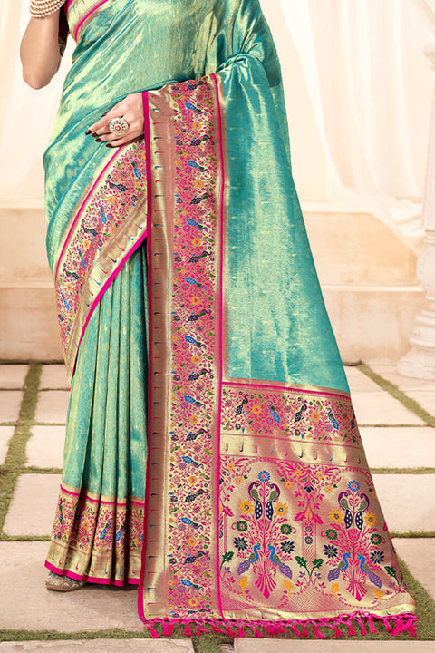 VastraLakshmi Nemesis Sea Green Paithani Silk Saree With Sempiternal Blouse Piece