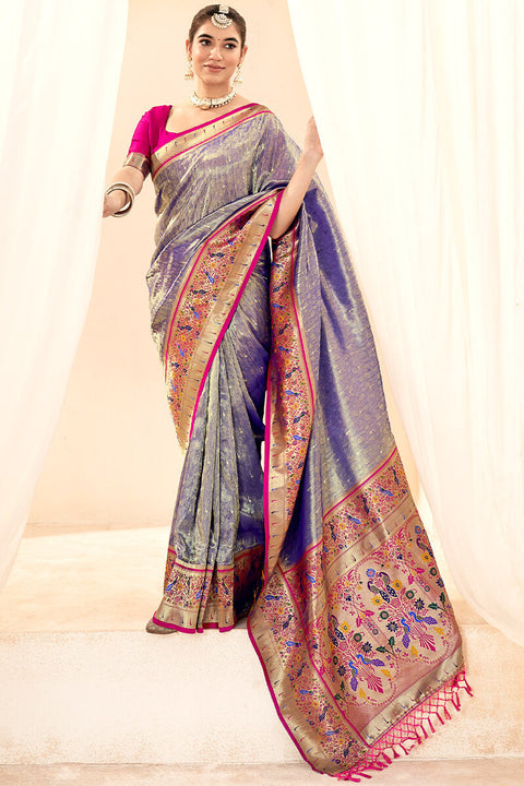 VastraLakshmi Woebegone Blue Paithani Silk Saree With Fantabulous Blouse Piece