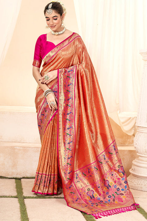 VastraLakshmi Piquant Red Paithani Silk Saree With Radiant Blouse Piece