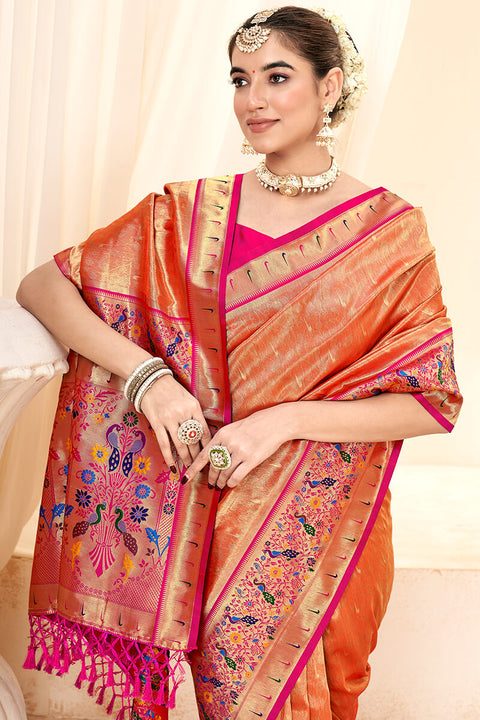 VastraLakshmi Piquant Red Paithani Silk Saree With Radiant Blouse Piece