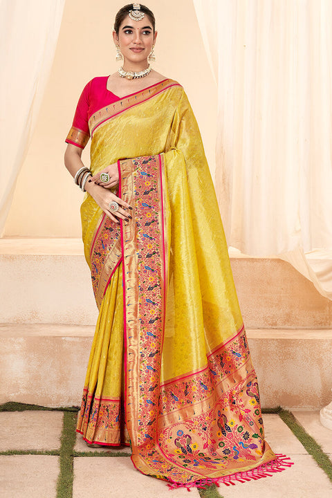 VastraLakshmi Vibrant Yellow Paithani Silk Saree With Luminous Blouse Piece