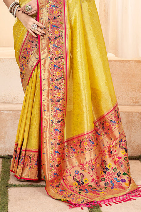 VastraLakshmi Vibrant Yellow Paithani Silk Saree With Luminous Blouse Piece