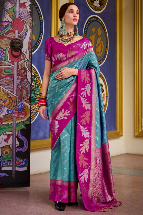 VastraLakshmi Pretty Firozi Soft Banarasi Silk Saree With Skinny Blouse Piece