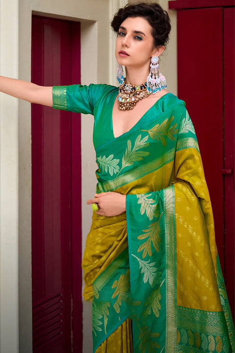 VastraLakshmi Impressive Mehndi Soft Banarasi Silk Saree With Arresting Blouse Piece