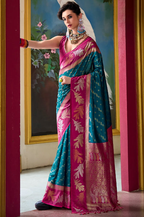 VastraLakshmi Verdant Rama Soft Banarasi Silk Saree With Grandiose Blouse Piece