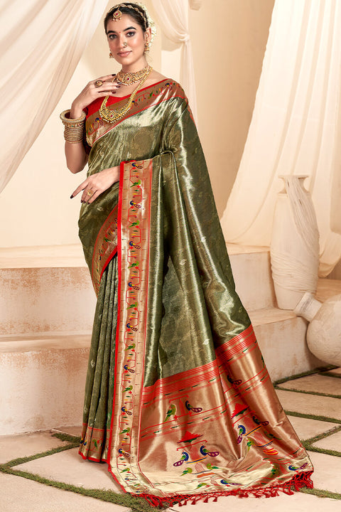 VastraLakshmi Enthralling Mehndi Paithani Silk Saree With Glittering Blouse Piece