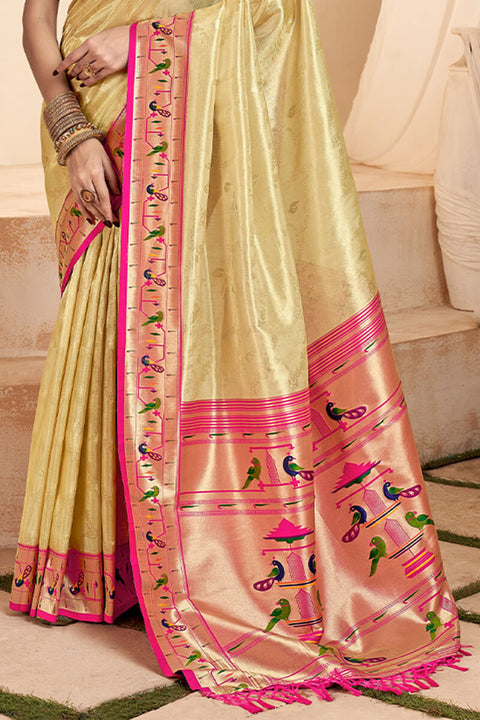 VastraLakshmi Magnetic Beige Paithani Silk Saree With Luminous Blouse Piece