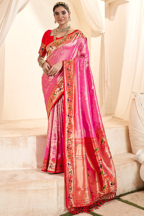 VastraLakshmi Imbrication Pink Paithani Silk Saree With Efflorescence Blouse Piece