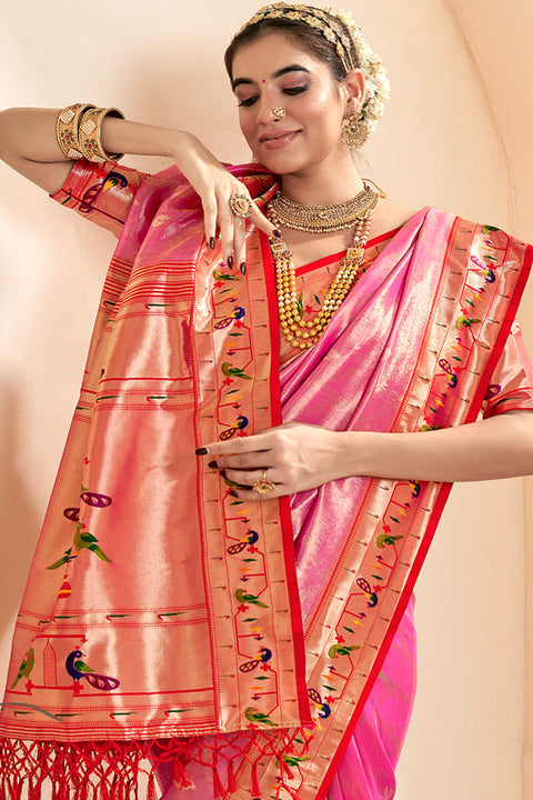 VastraLakshmi Imbrication Pink Paithani Silk Saree With Efflorescence Blouse Piece