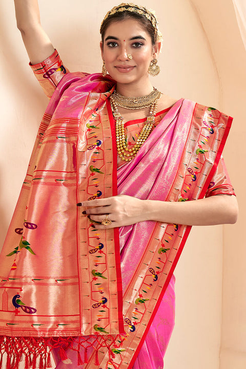 VastraLakshmi Imbrication Pink Paithani Silk Saree With Efflorescence Blouse Piece