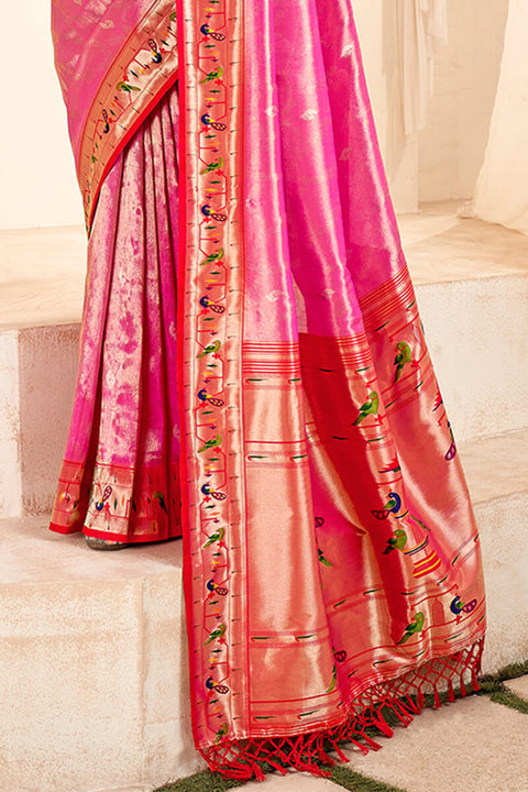 VastraLakshmi Imbrication Pink Paithani Silk Saree With Efflorescence Blouse Piece