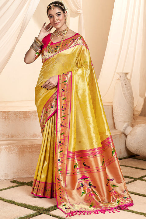 VastraLakshmi Ephemeral Yellow Paithani Silk Saree With Denouement Blouse Piece