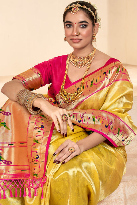 VastraLakshmi Ephemeral Yellow Paithani Silk Saree With Denouement Blouse Piece