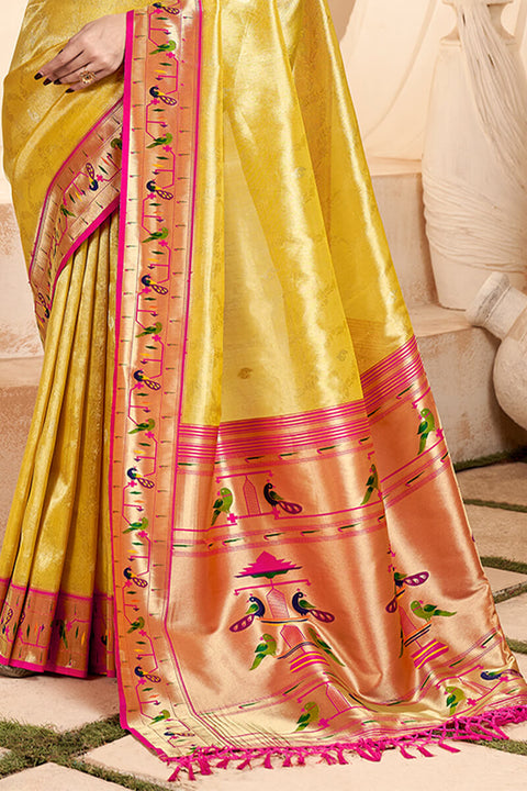 VastraLakshmi Ephemeral Yellow Paithani Silk Saree With Denouement Blouse Piece