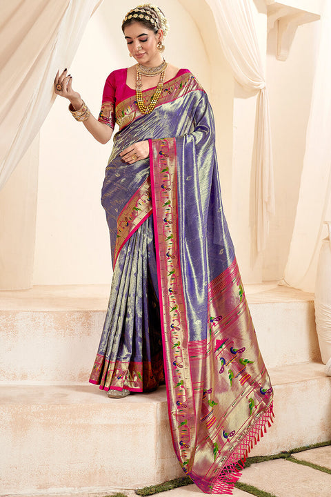 VastraLakshmi Luxuriant Blue Paithani Silk Saree With Prodigal Blouse Piece