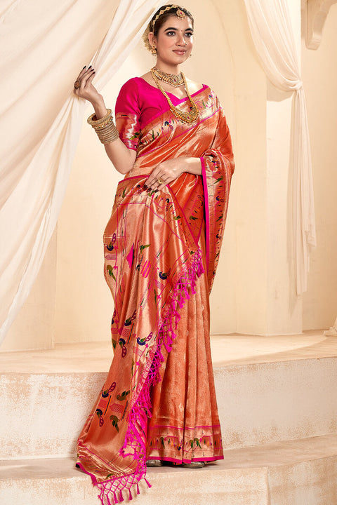 VastraLakshmi Winsome Red Paithani Silk Saree With Whimsical Blouse Piece