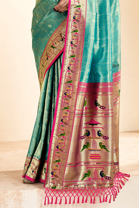 VastraLakshmi Exemplary Sea Green Paithani Silk Saree With Rhapsody Blouse Piece