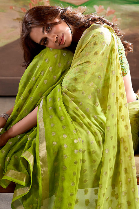 VastraLakshmi Extraordinary Parrot Georgette Banarasi Silk Saree With Gorgeous Blouse Piece