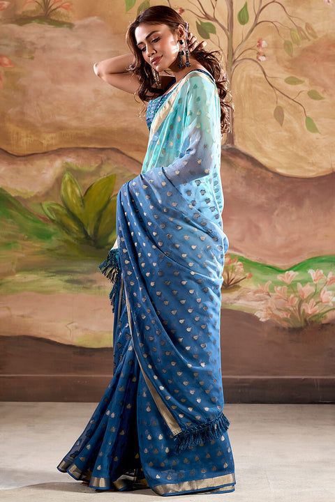 VastraLakshmi Appealing Blue Georgette Banarasi Silk Saree With Opulent Blouse Piece