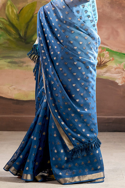 VastraLakshmi Appealing Blue Georgette Banarasi Silk Saree With Opulent Blouse Piece