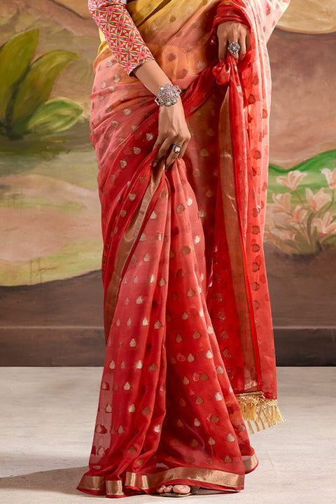 VastraLakshmi Radiant Red Georgette Banarasi Silk Saree With Traditional Blouse Piece