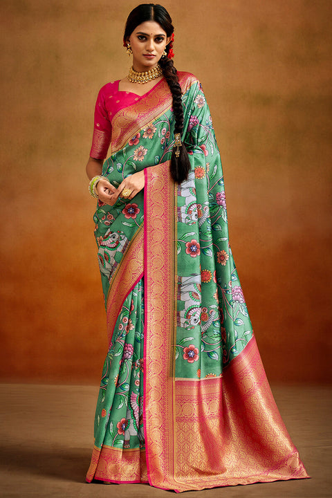 VastraLakshmi Pleasurable Green Kalamkari Printed Saree With Charismatic Blouse Piece