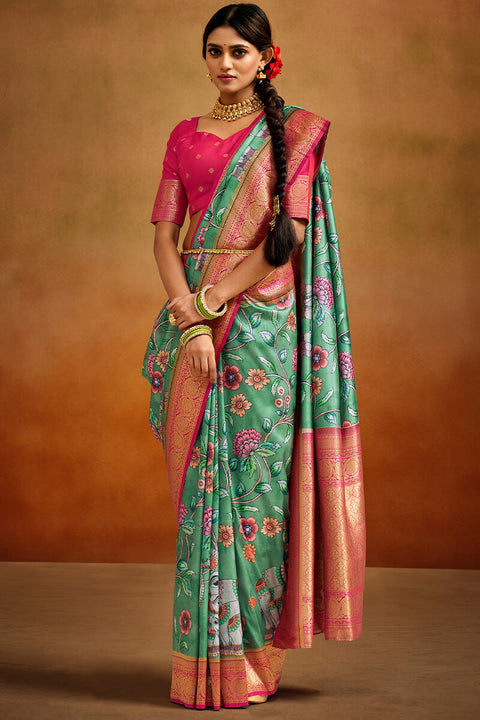 VastraLakshmi Pleasurable Green Kalamkari Printed Saree With Charismatic Blouse Piece