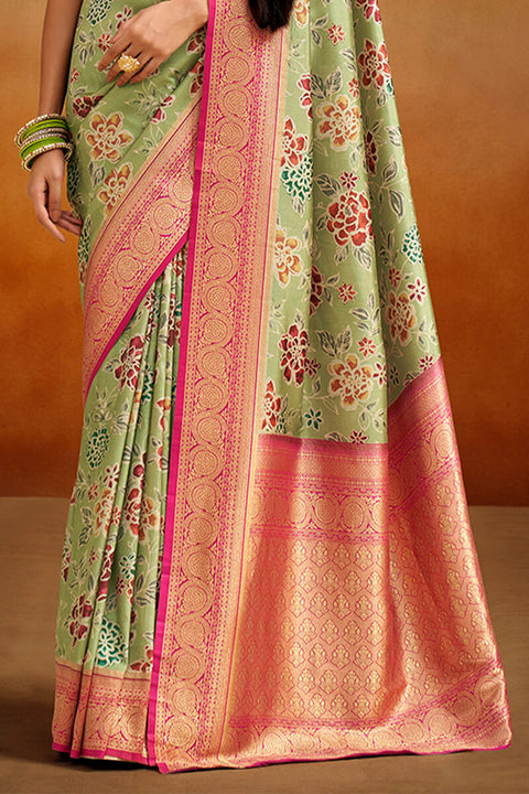 VastraLakshmi Ephemeral Pista Kalamkari Printed Saree With Winsome Blouse Piece