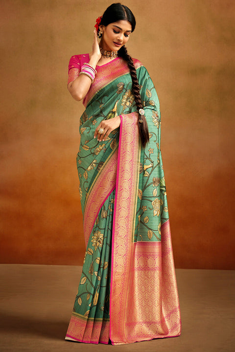 VastraLakshmi Demesne Green Kalamkari Printed Saree With Scrupulous Blouse Piece