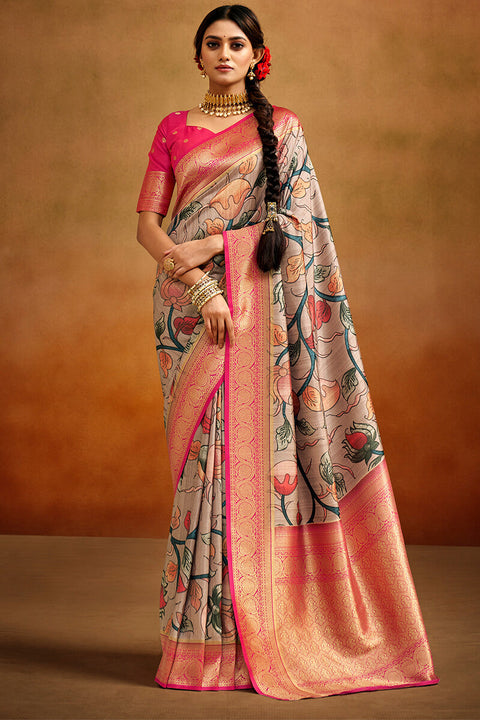 VastraLakshmi Adoring Beige Kalamkari Printed Saree With Scrupulous Blouse Piece