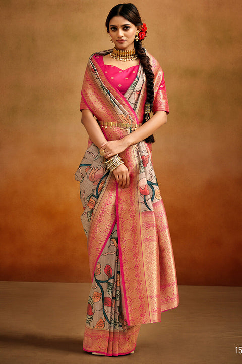 VastraLakshmi Adoring Beige Kalamkari Printed Saree With Scrupulous Blouse Piece